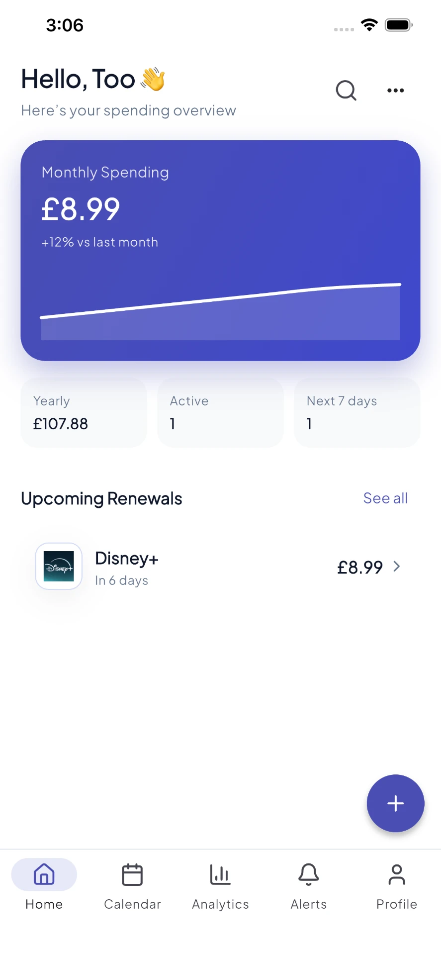 Renly home screen with monthly spending and upcoming renewals